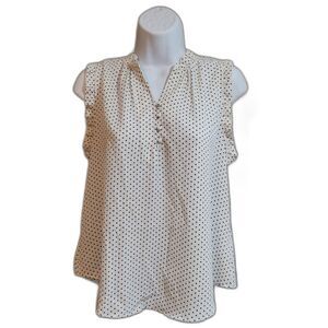 Active USA Black &White Polka Dot 1/4 Button Ruffle Sleeveless Blouse, Medium